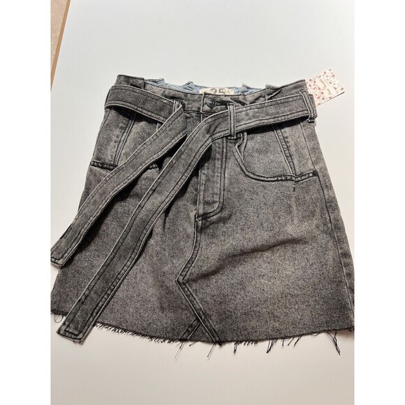 Free People East Of Eden Button Fly Denim Black Jean Skirt Belted   Sz 25 /S NWT - Picture 1 of 8